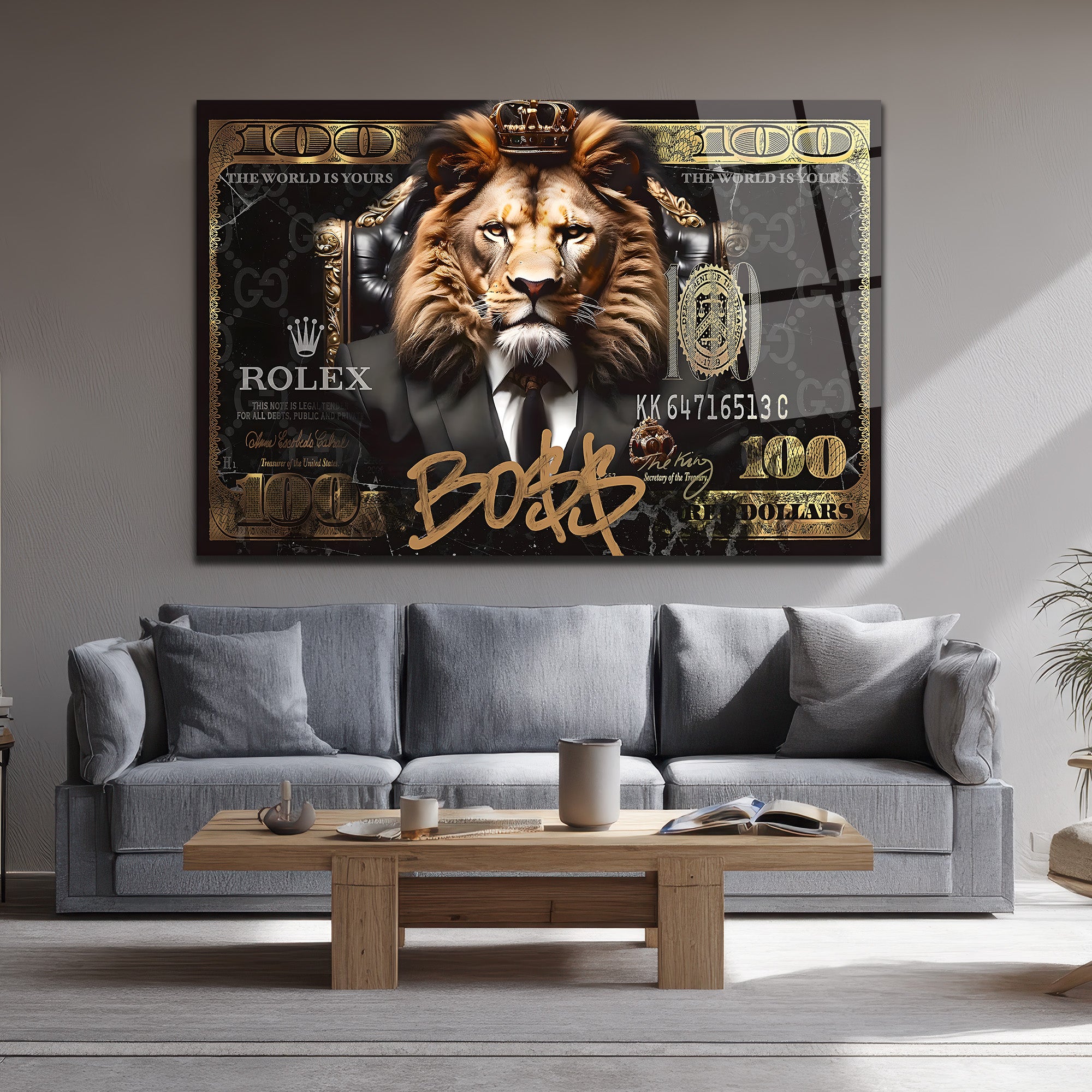 Lüks Aslan Kral Boss$ Temalı Modern Cam Tablo