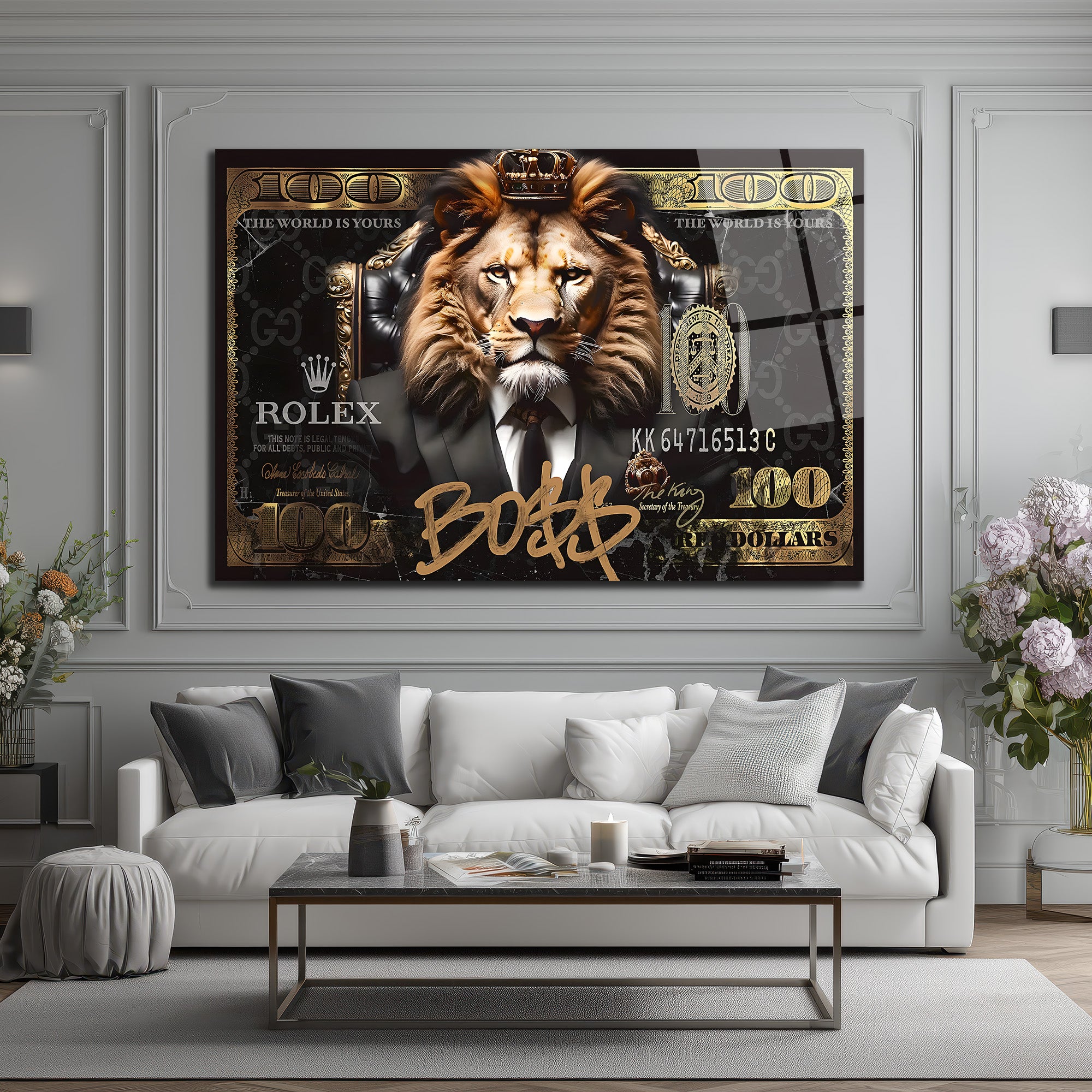 Lüks Aslan Kral Boss$ Temalı Modern Cam Tablo