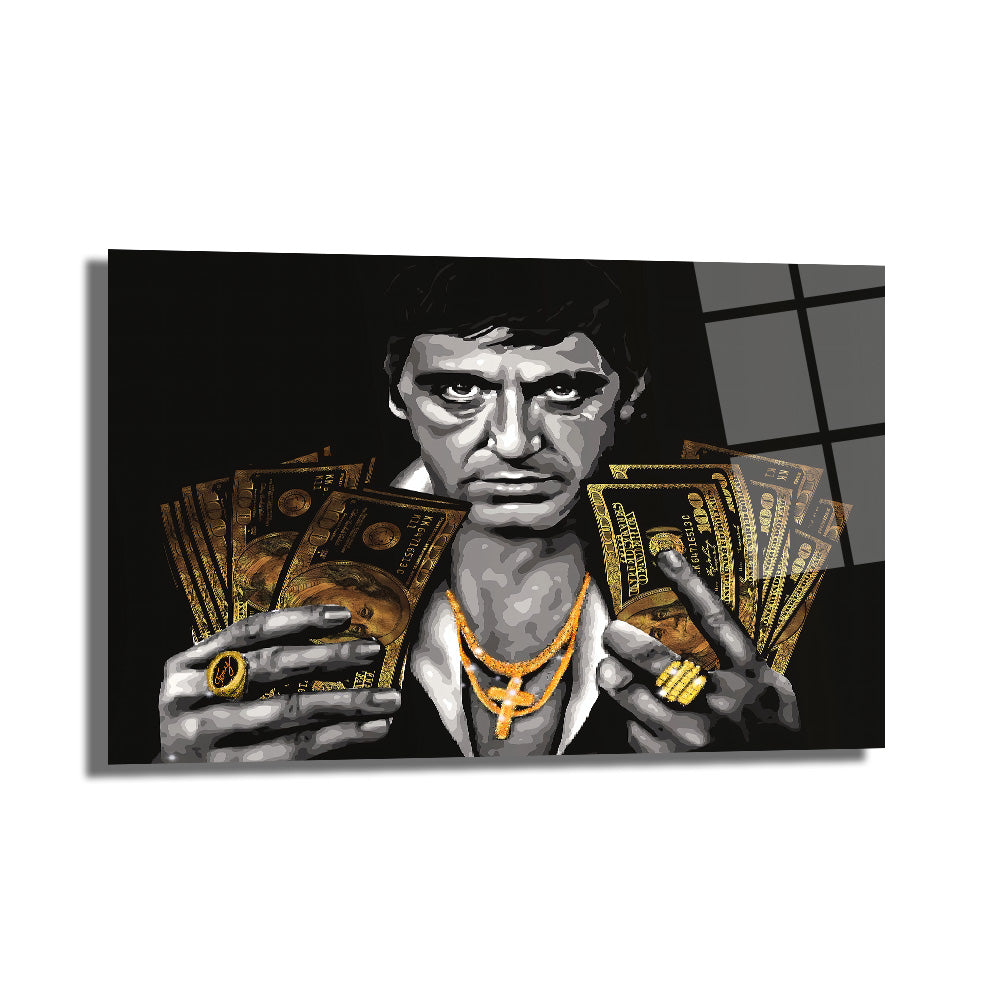 Tony Montana Efsanesi Altın Detaylı Cam Tablo