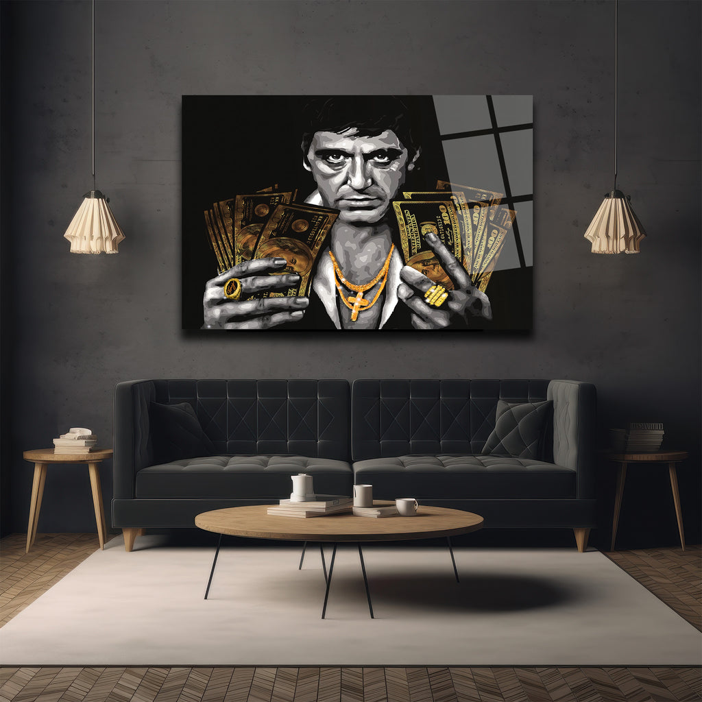Tony Montana Efsanesi Altın Detaylı Cam Tablo