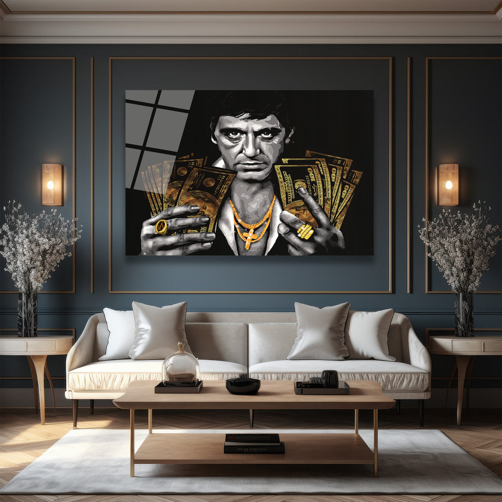 Tony Montana Efsanesi Altın Detaylı Cam Tablo
