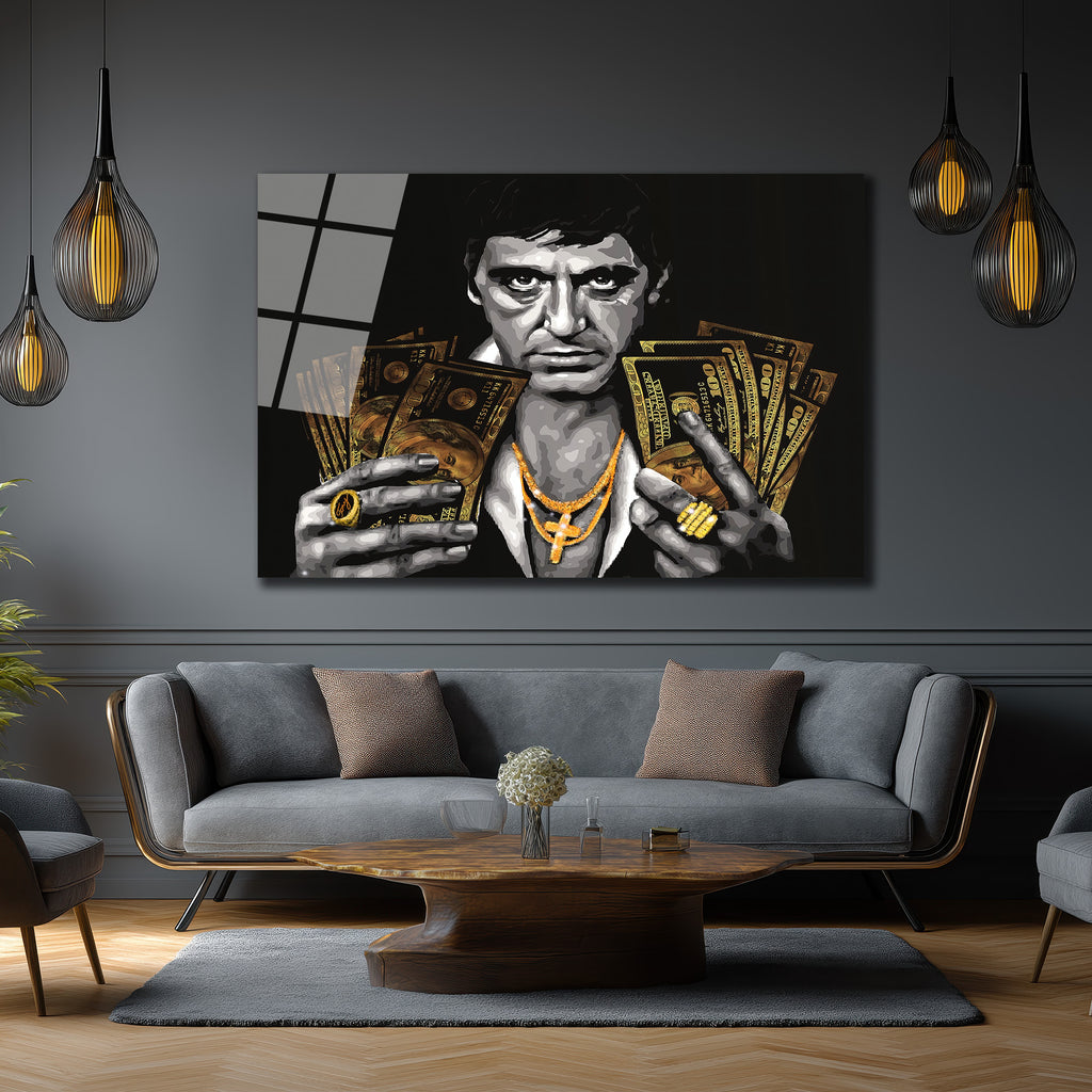 Tony Montana Efsanesi Altın Detaylı Cam Tablo