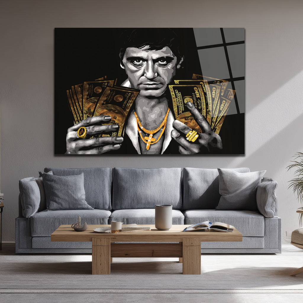 Tony Montana Efsanesi Altın Detaylı Cam Tablo
