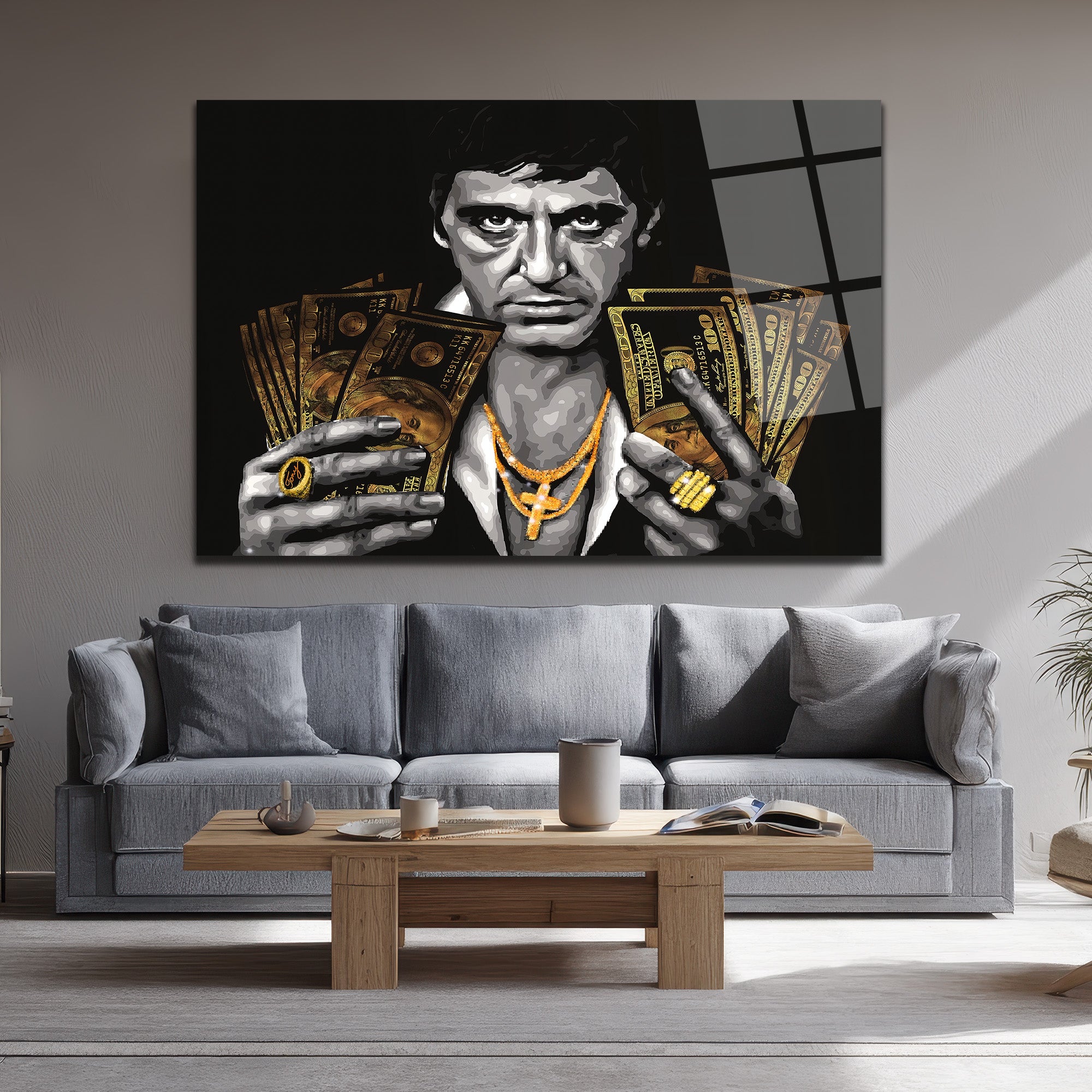 Tony Montana Efsanesi Altın Detaylı Cam Tablo