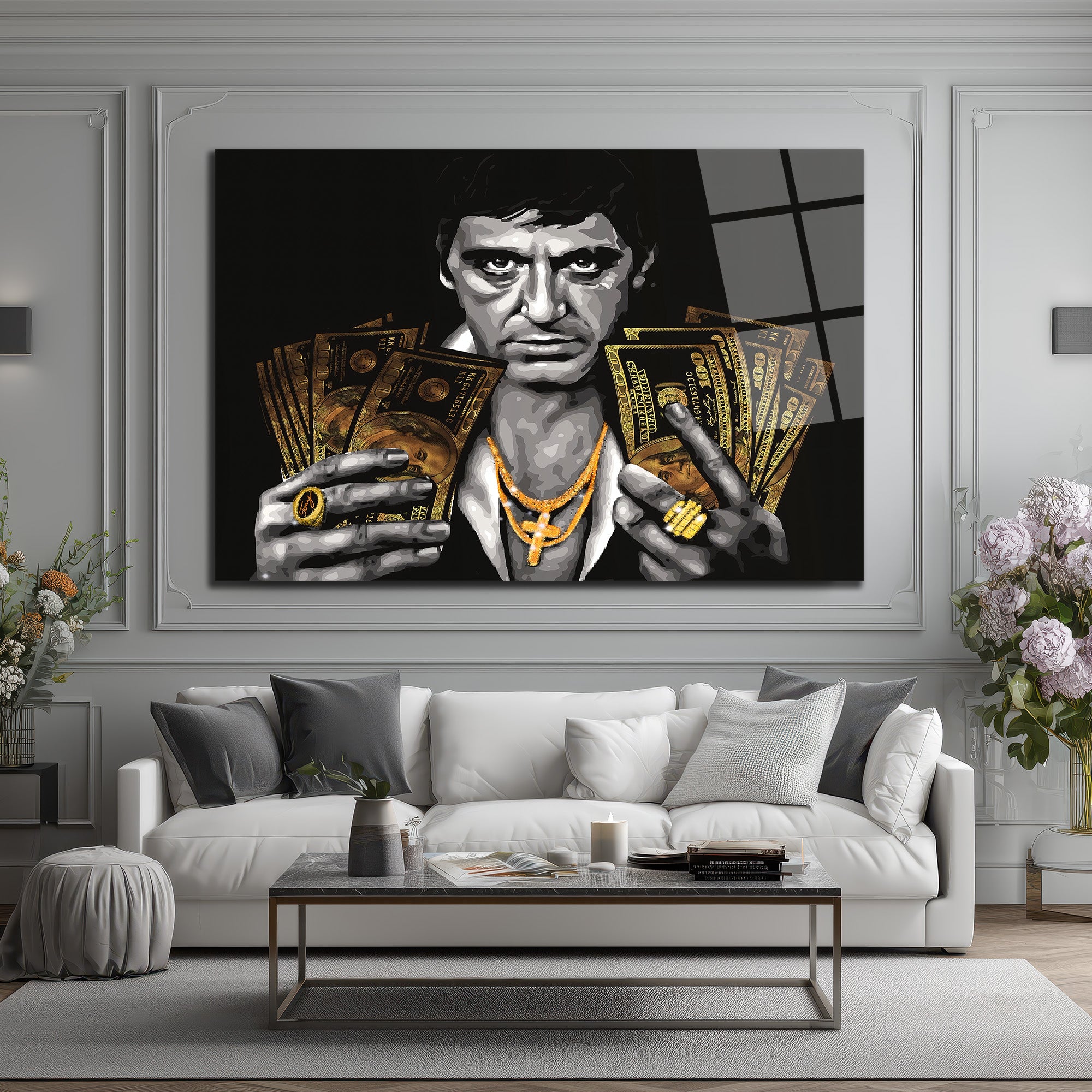 Tony Montana Efsanesi Altın Detaylı Cam Tablo