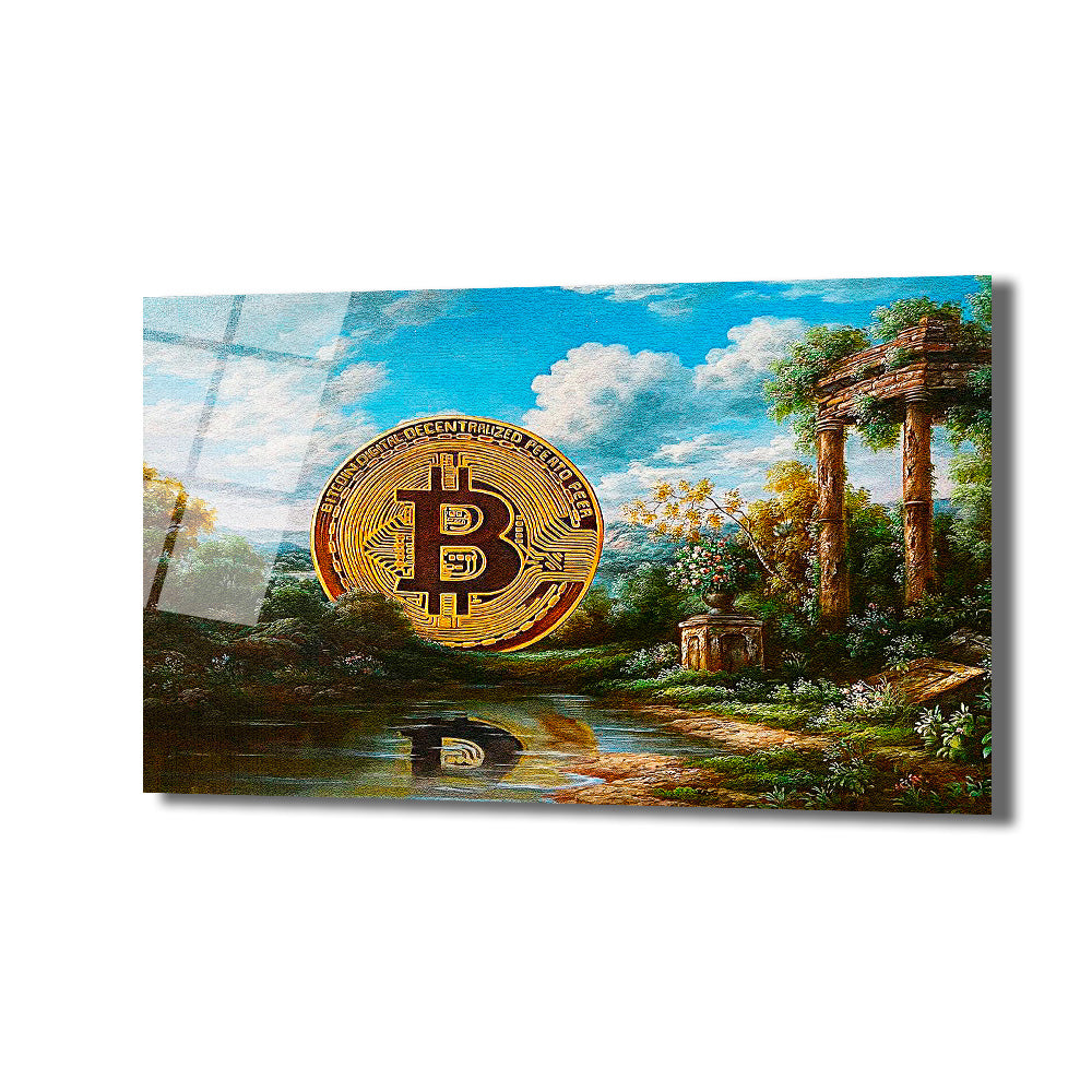 Antik Roma tarzı sütun kalıntıları ve yemyeşil ağaçlarla çevrili bir nehir kenarında, klasik peyzaj tablosu içinde devasa, parlak altın renkli bir Bitcoin sembolü bulunan cam tablo. Bitcoin'in yansıması nehirde görülüyor, gökyüzü açık mavi ve bulutlu.