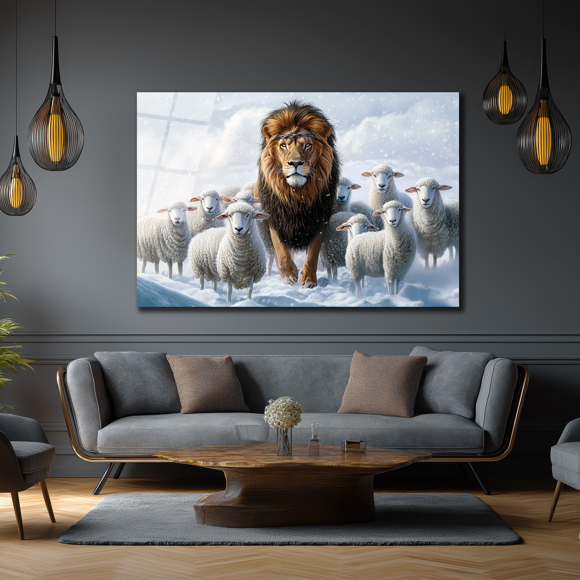 Karlar Altında Lider Aslan ve Kuzular Cam Tablo