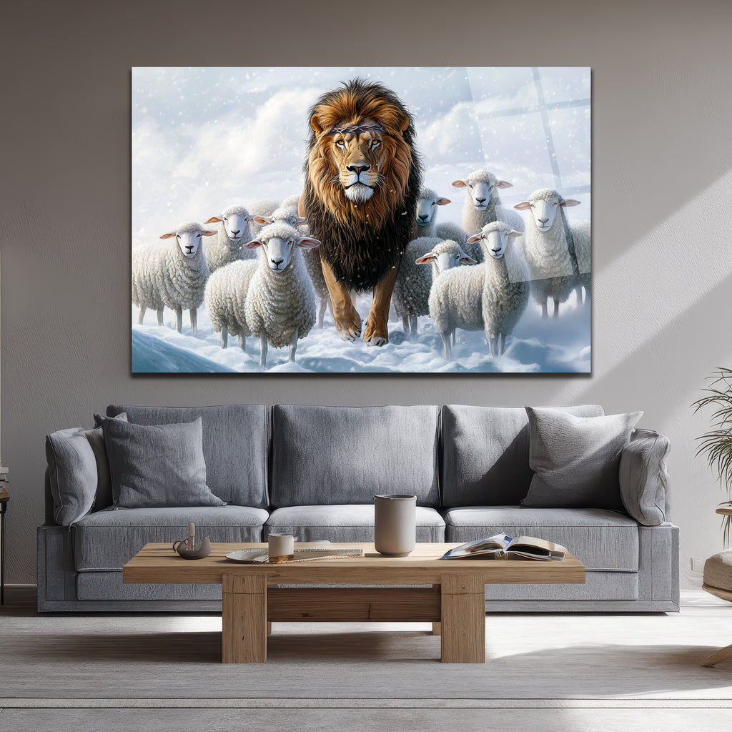 Karlar Altında Lider Aslan ve Kuzular Cam Tablo