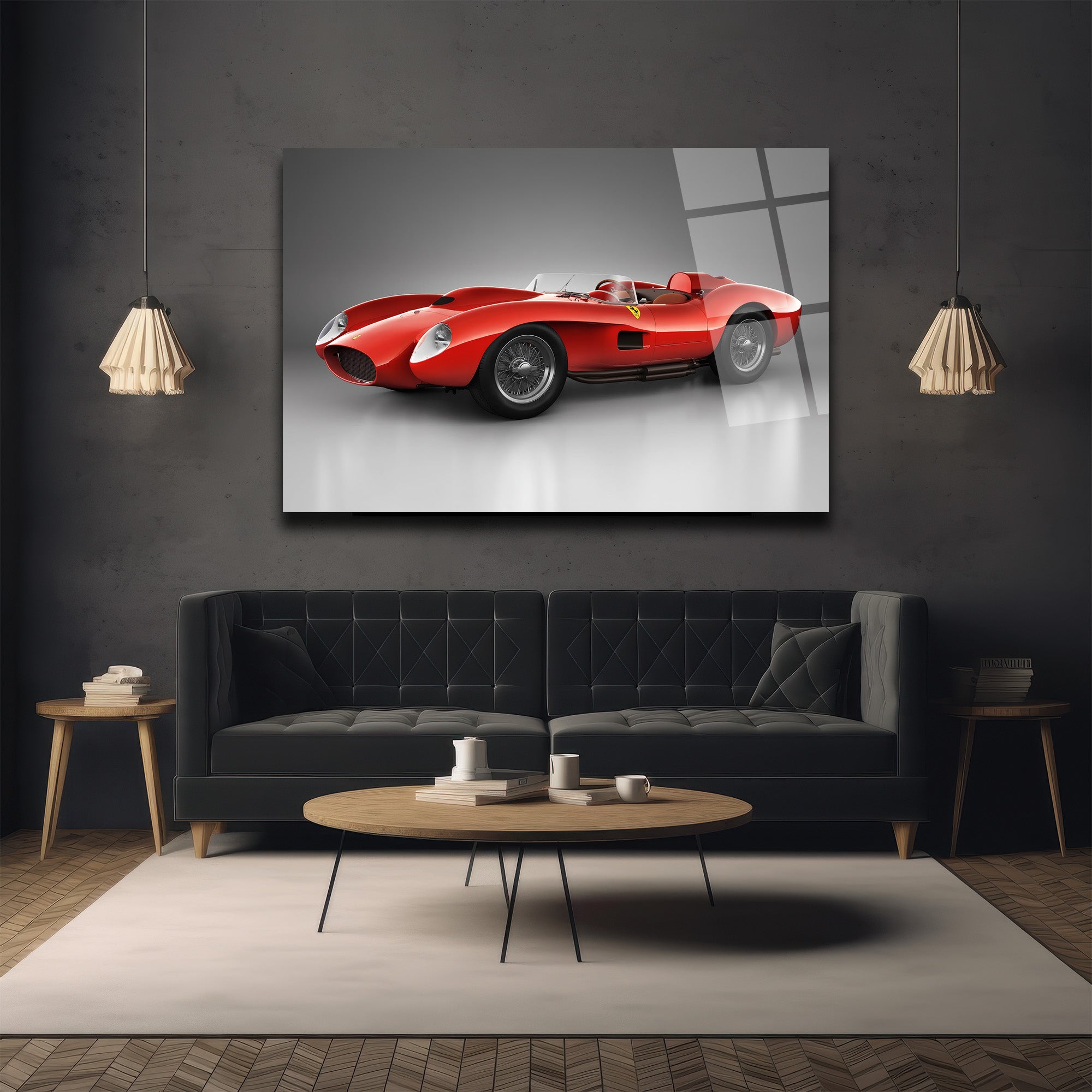 Ferrari Efsanesi Kırmızı Klasik Yarış Arabası Cam Tablo