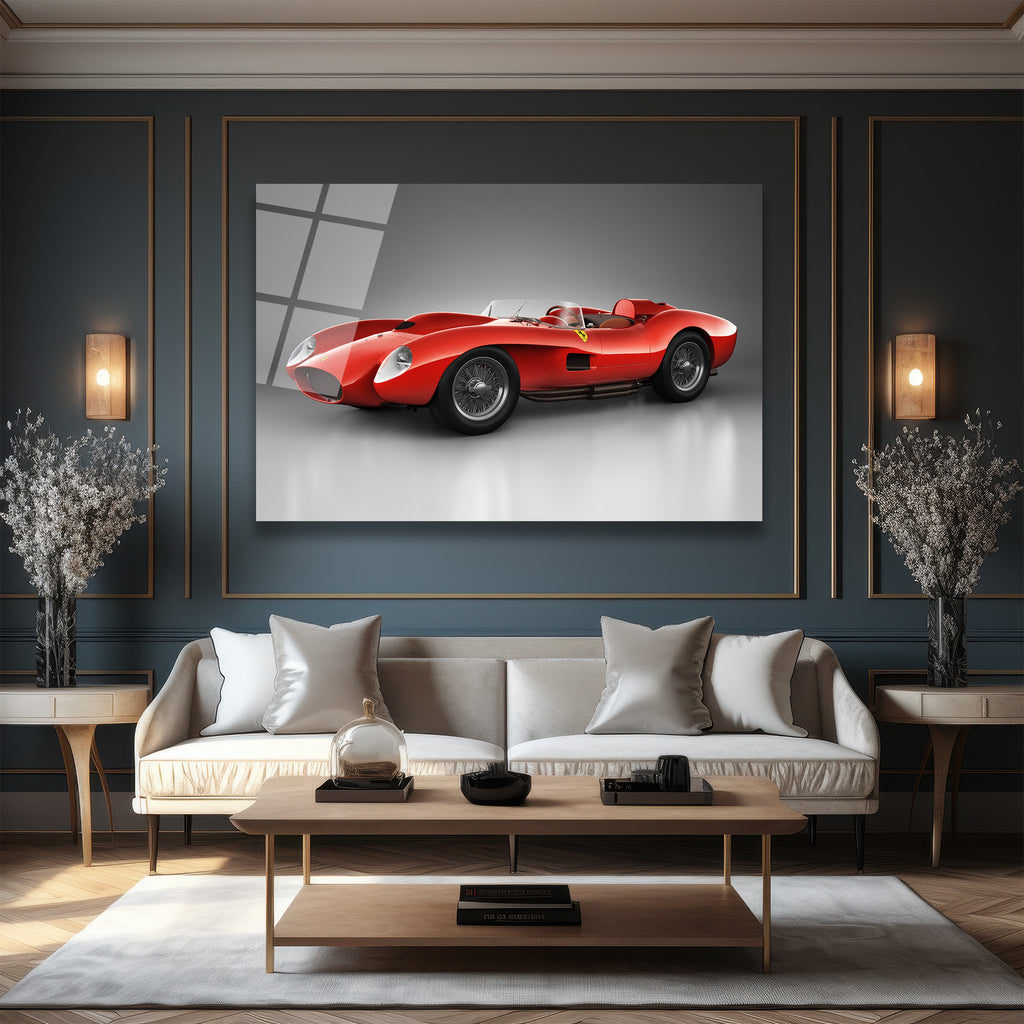 Ferrari Efsanesi Kırmızı Klasik Yarış Arabası Cam Tablo