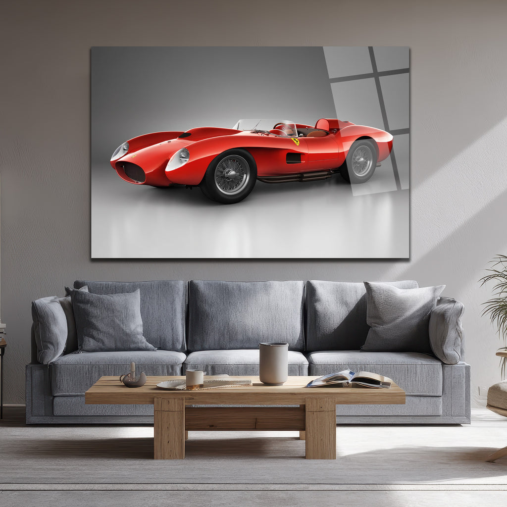 Ferrari Efsanesi Kırmızı Klasik Yarış Arabası Cam Tablo