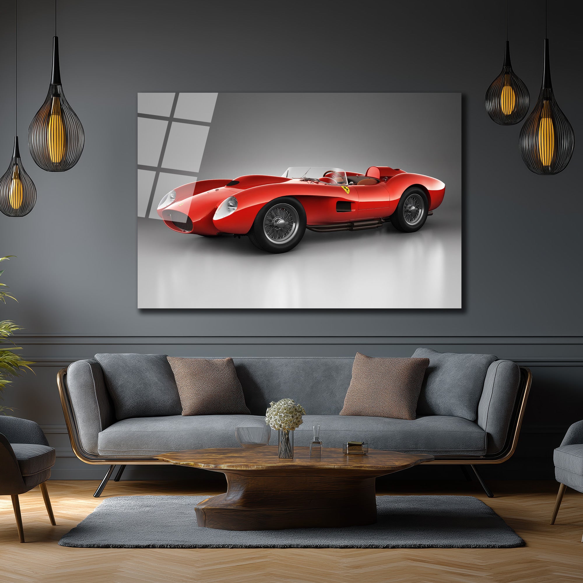 Ferrari Efsanesi Kırmızı Klasik Yarış Arabası Cam Tablo