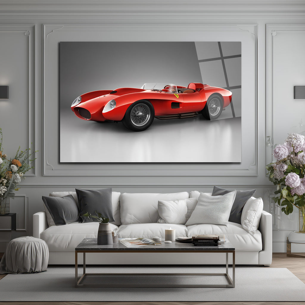 Ferrari Efsanesi Kırmızı Klasik Yarış Arabası Cam Tablo