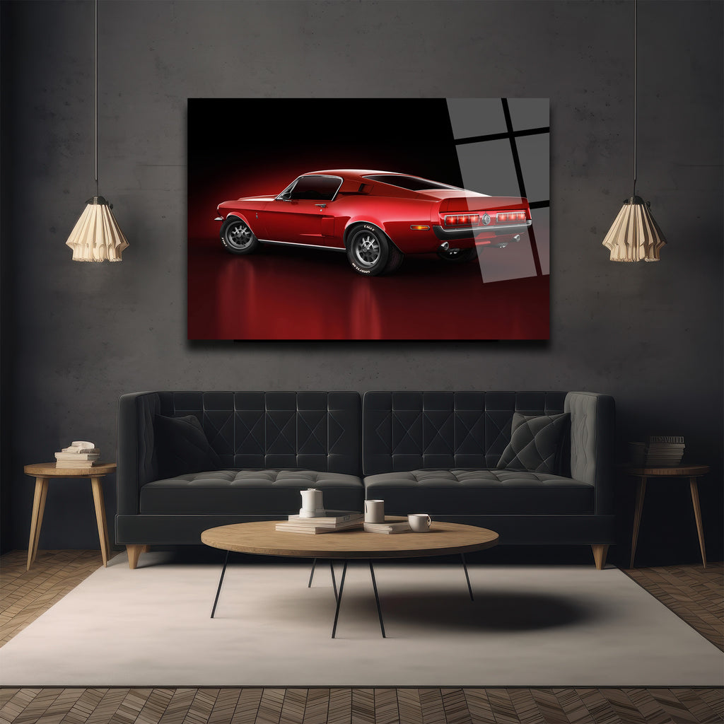 Efsanevi Kırmızı Mustang Gücü Cam Tablo