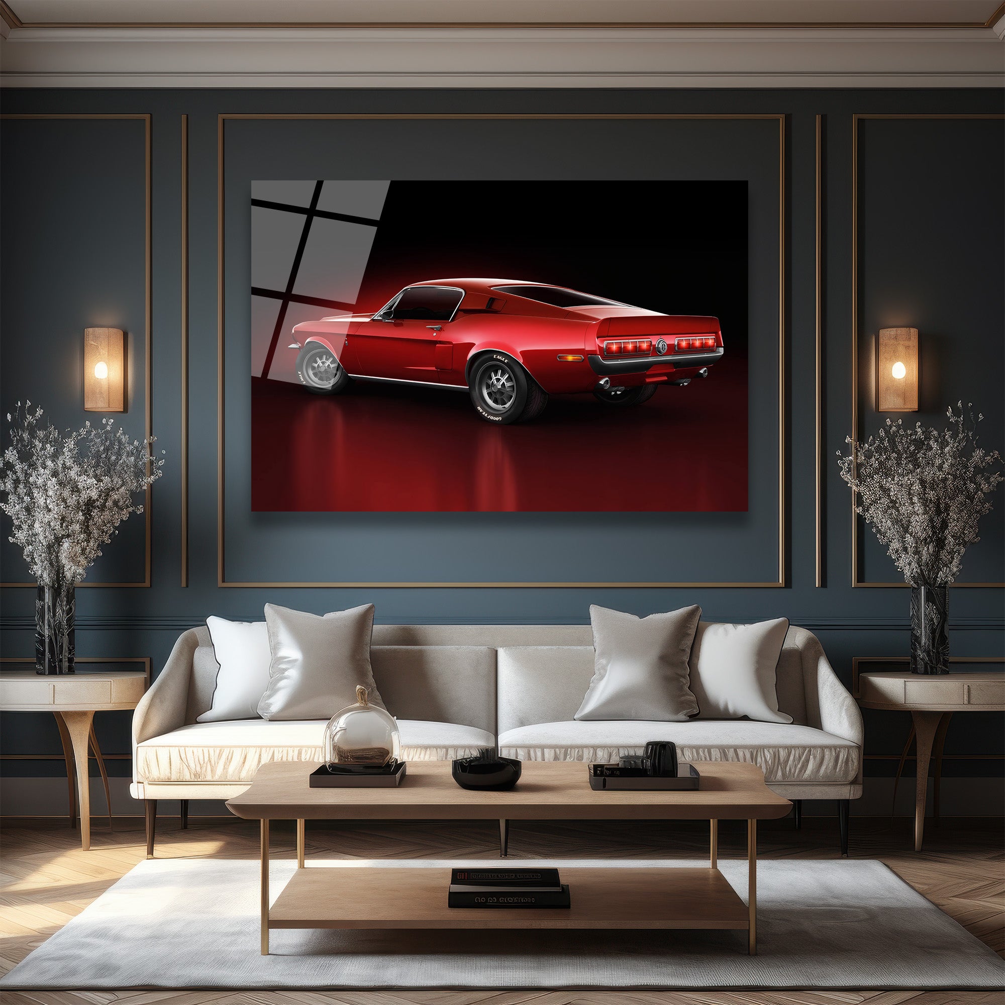 Efsanevi Kırmızı Mustang Gücü Cam Tablo