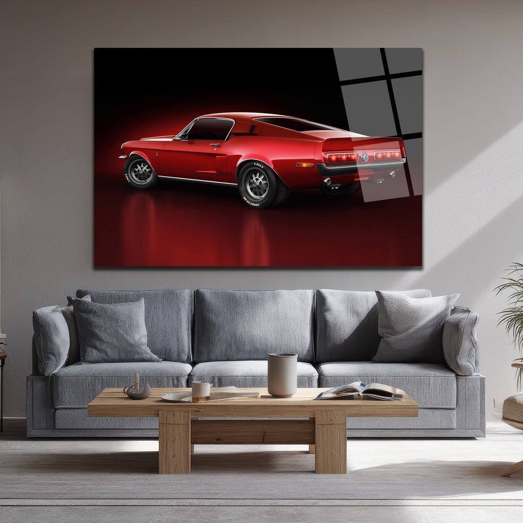 Efsanevi Kırmızı Mustang Gücü Cam Tablo