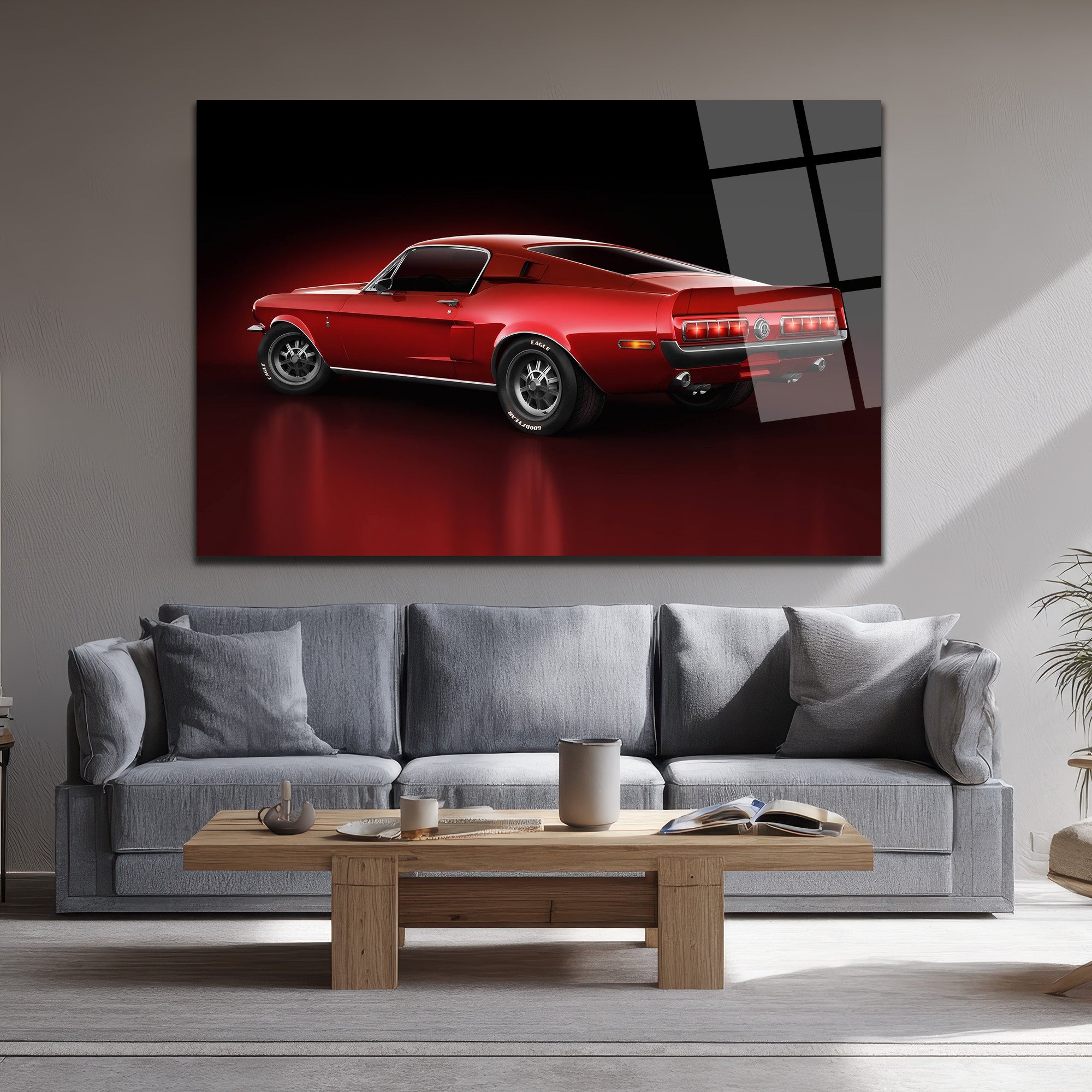 Efsanevi Kırmızı Mustang Gücü Cam Tablo
