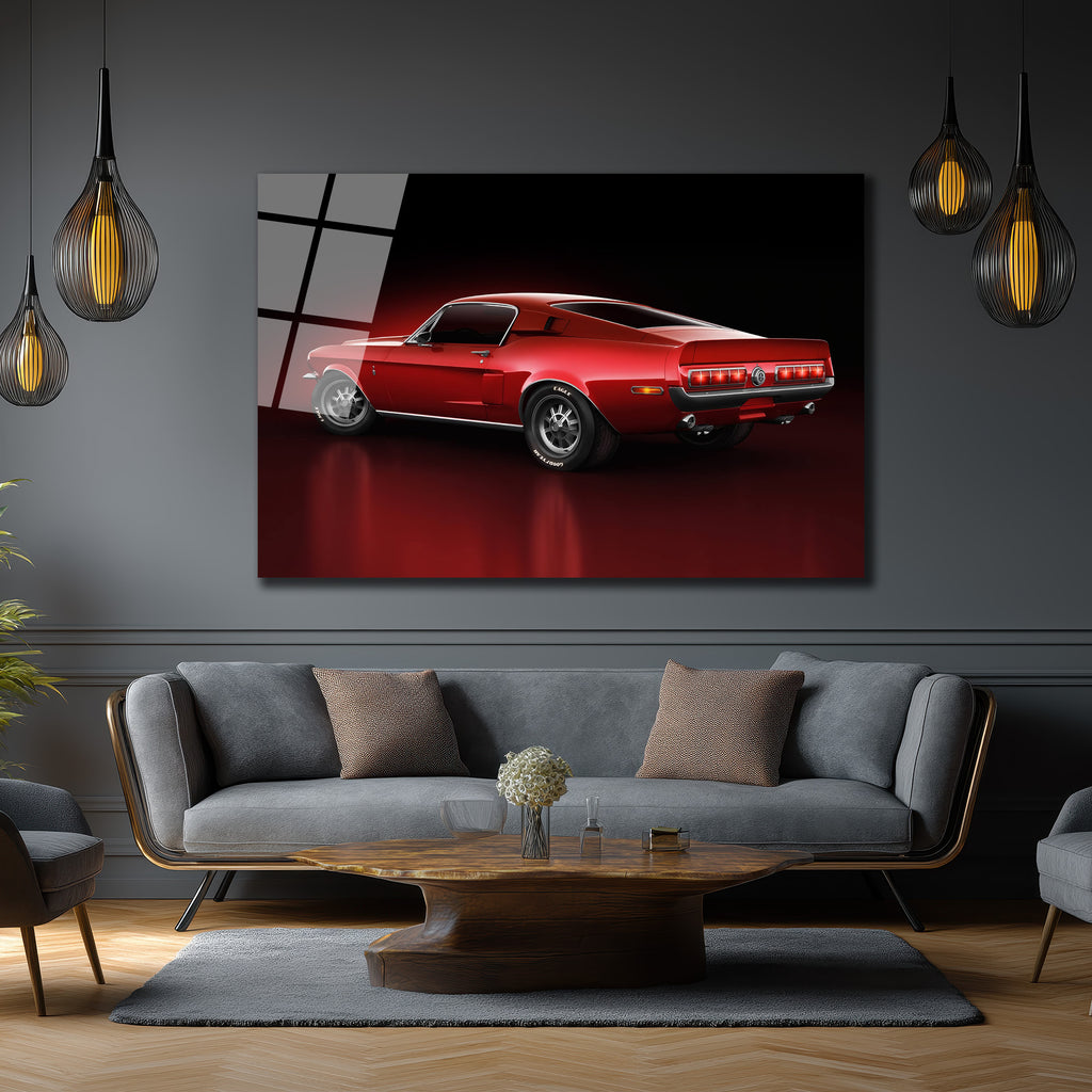 Efsanevi Kırmızı Mustang Gücü Cam Tablo