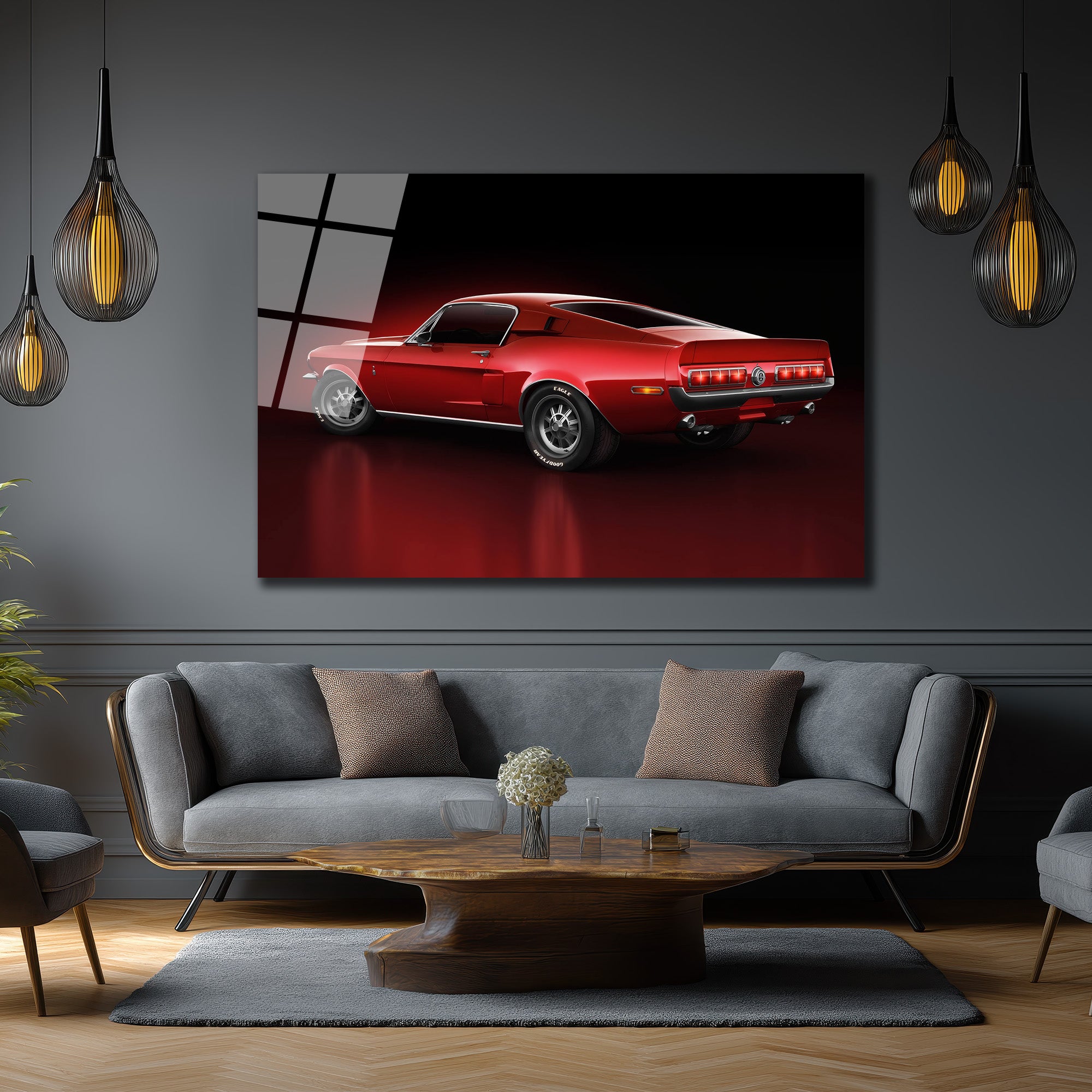 Efsanevi Kırmızı Mustang Gücü Cam Tablo