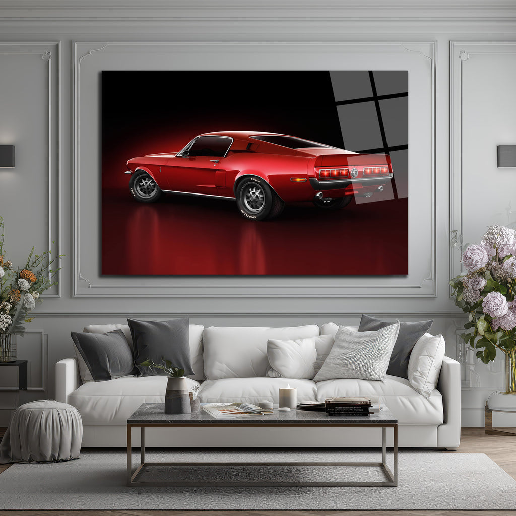 Efsanevi Kırmızı Mustang Gücü Cam Tablo