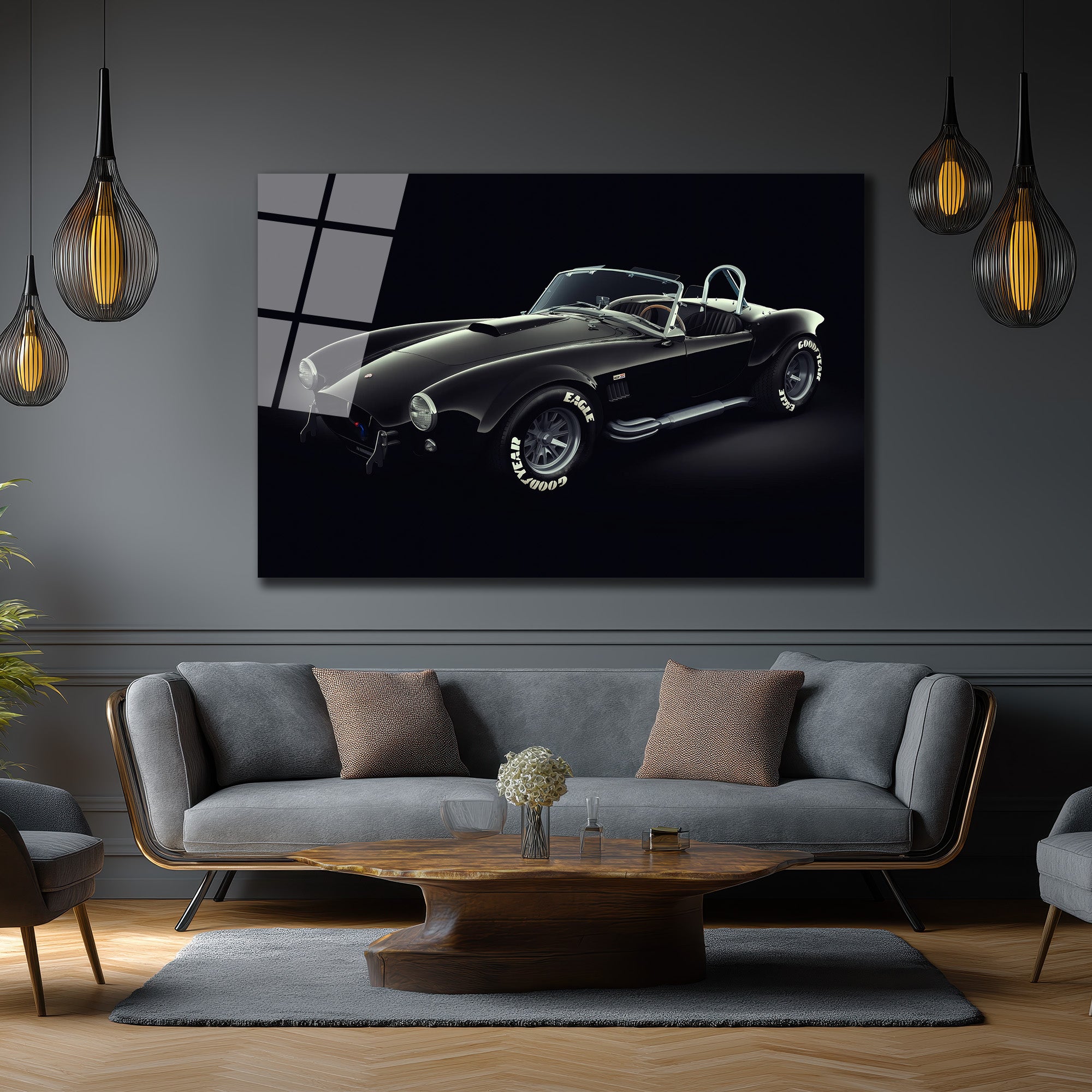 Efsanevi Shelby Cobra Siyah Spor Araba Cam Tablo
