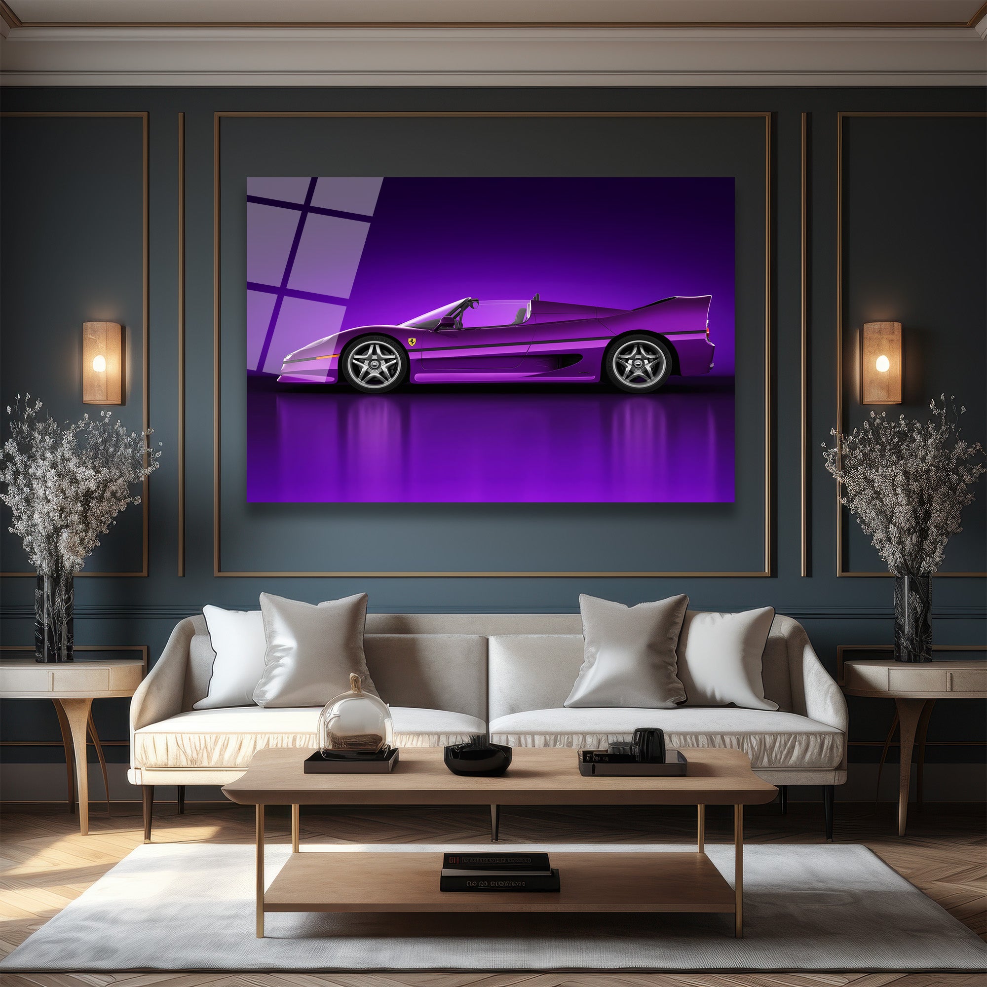 Mor Ferrari F50 Spor Araba Cam Tablo - Hız ve Asalet
