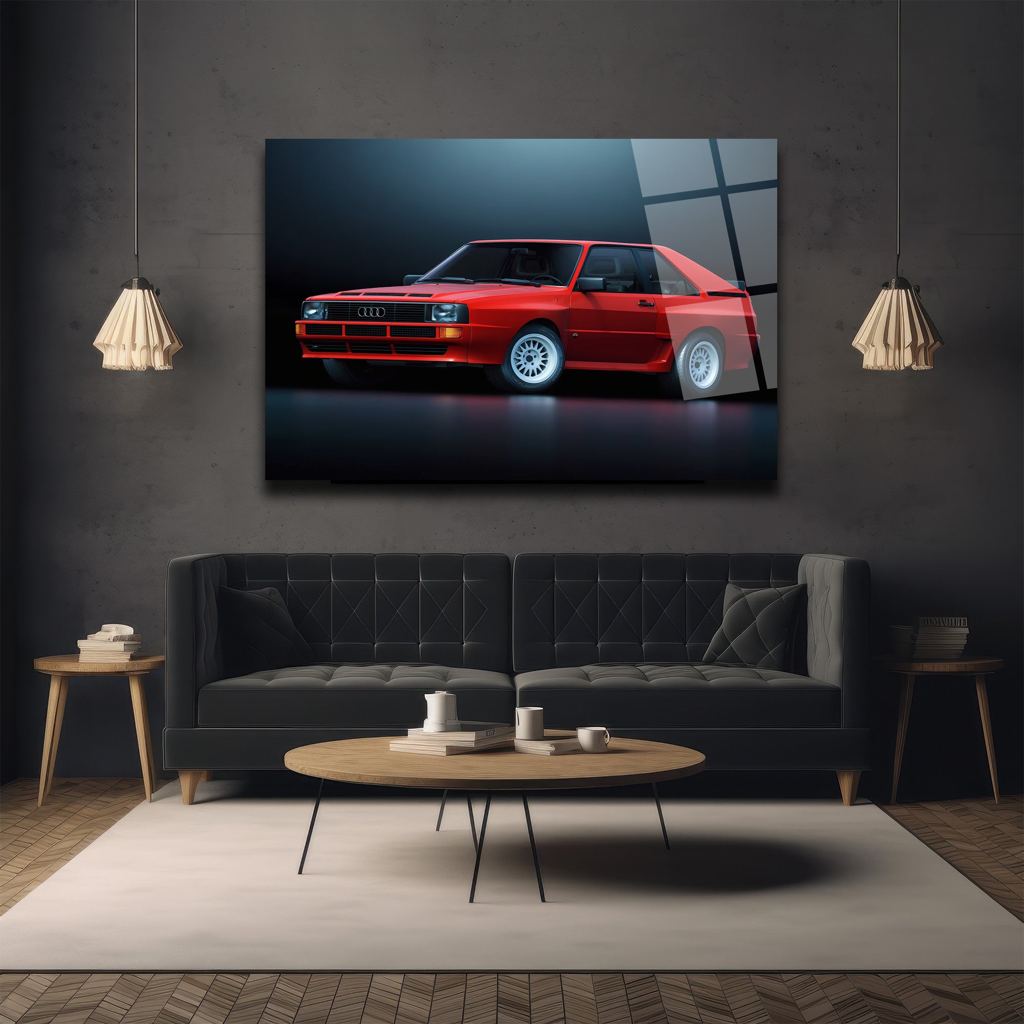 Efsanevi Kırmızı Audi Quattro Spor Araba Cam Tablo