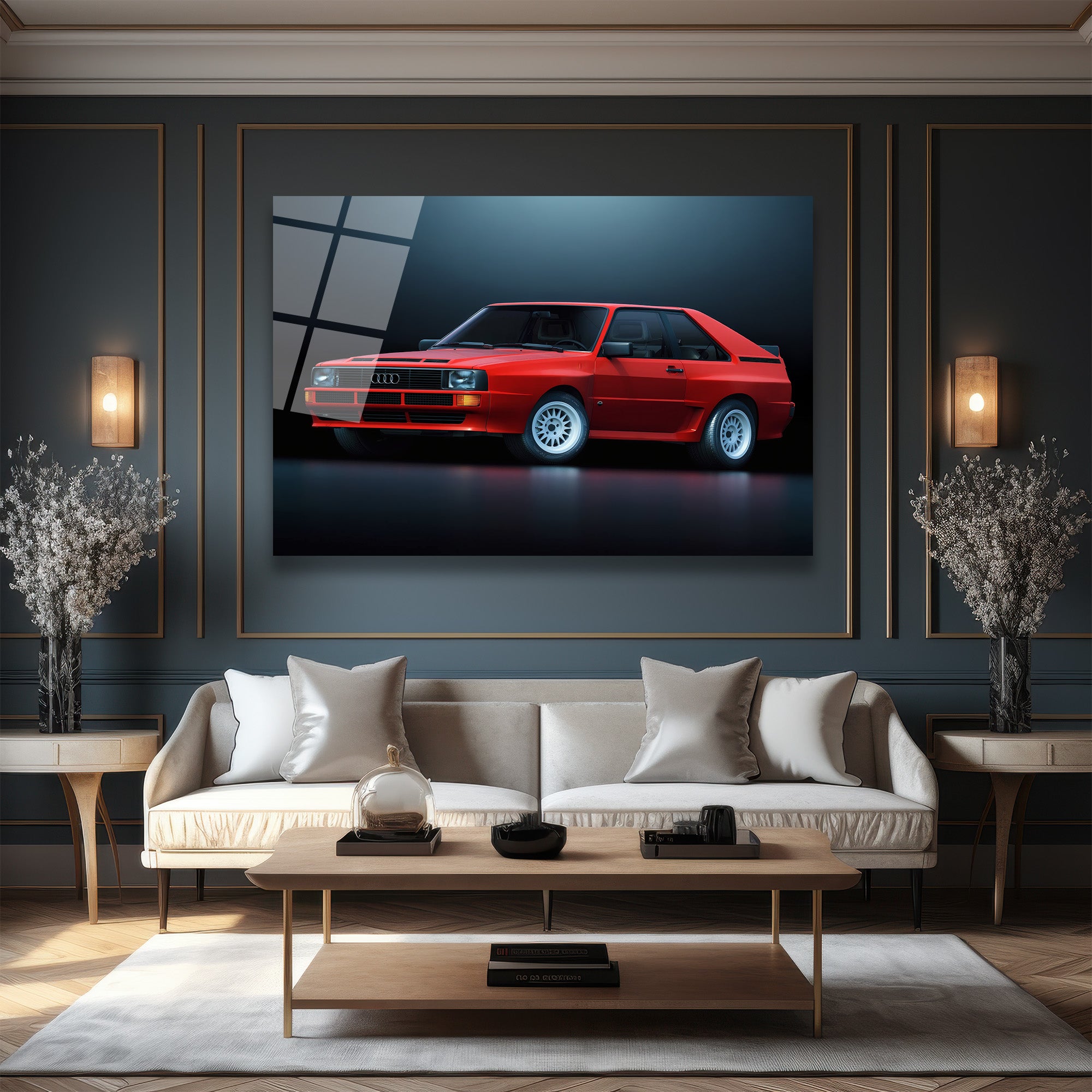 Efsanevi Kırmızı Audi Quattro Spor Araba Cam Tablo