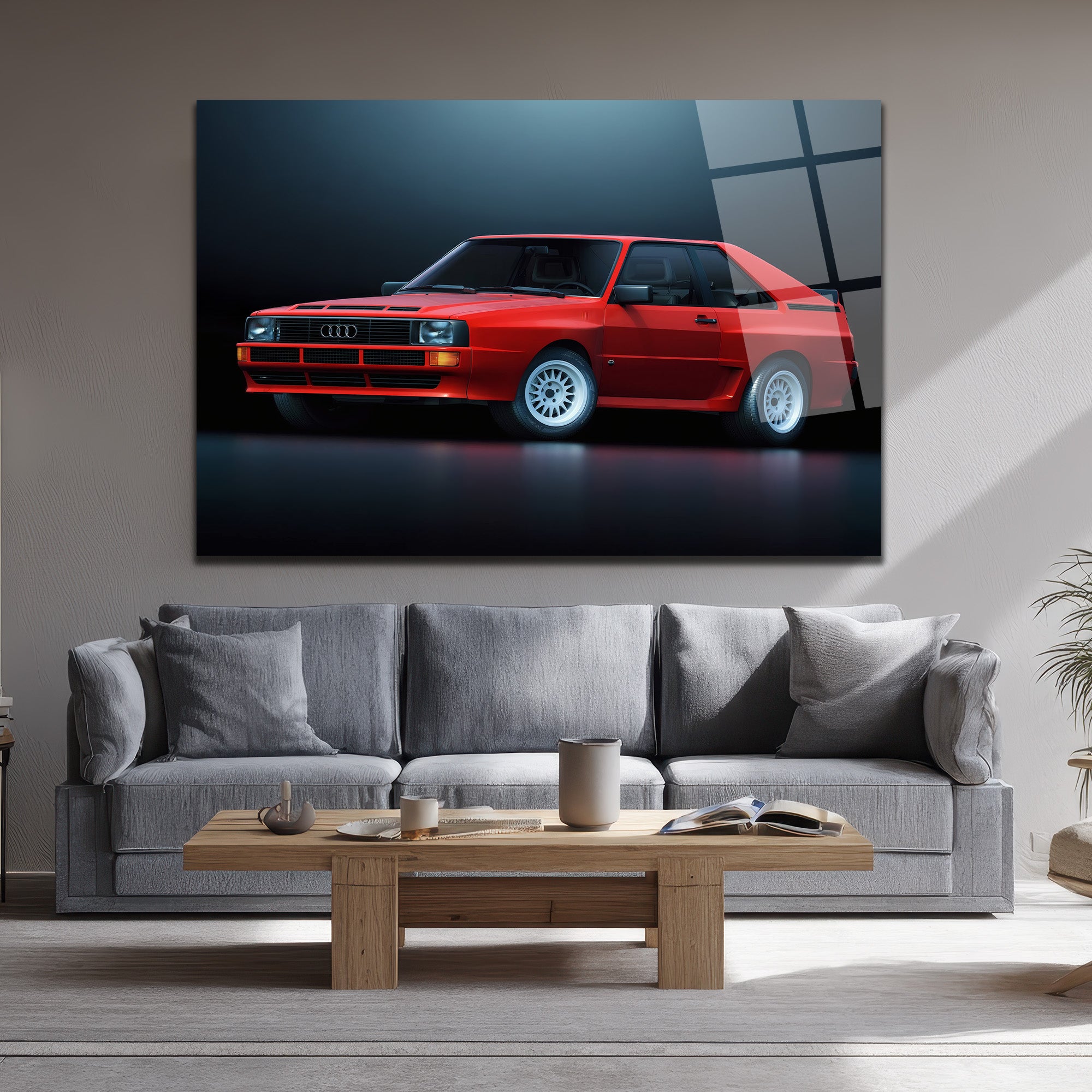 Efsanevi Kırmızı Audi Quattro Spor Araba Cam Tablo