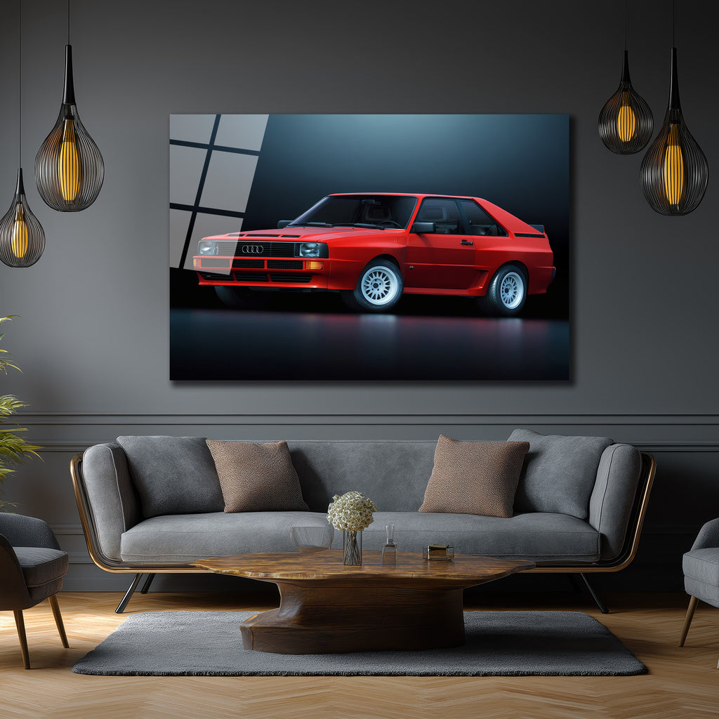 Efsanevi Kırmızı Audi Quattro Spor Araba Cam Tablo