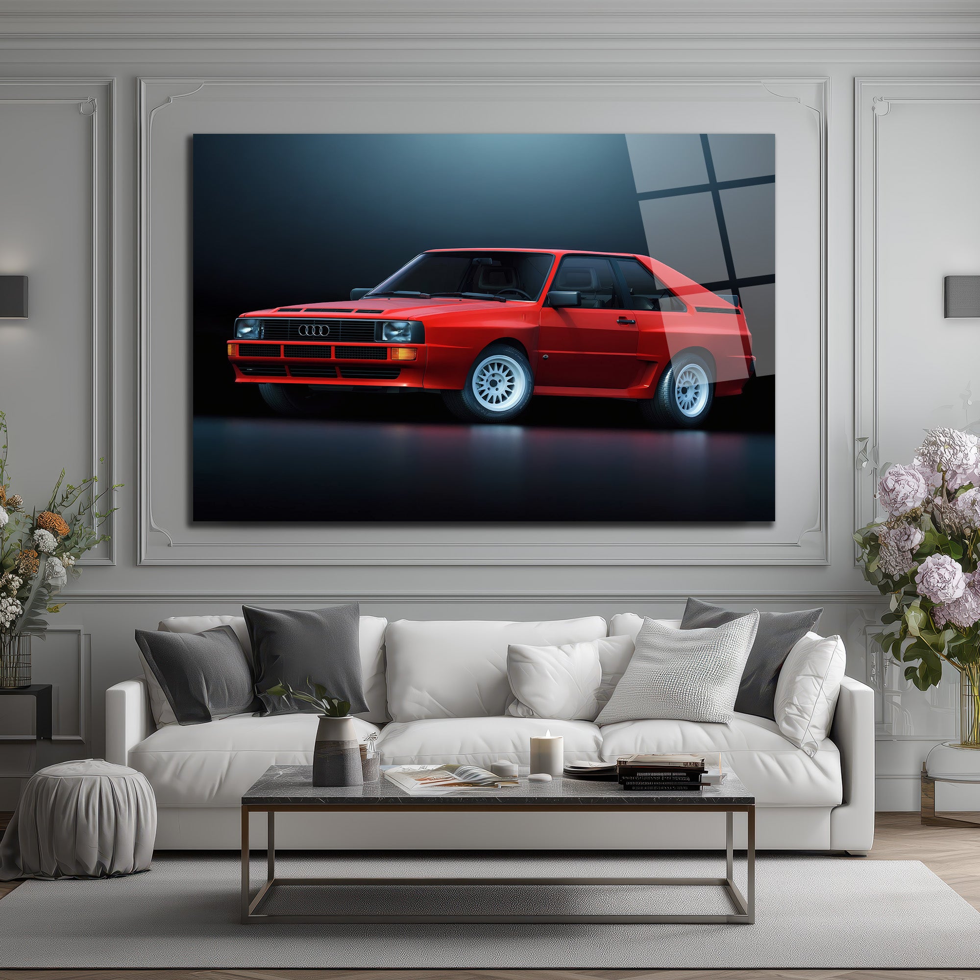 Efsanevi Kırmızı Audi Quattro Spor Araba Cam Tablo