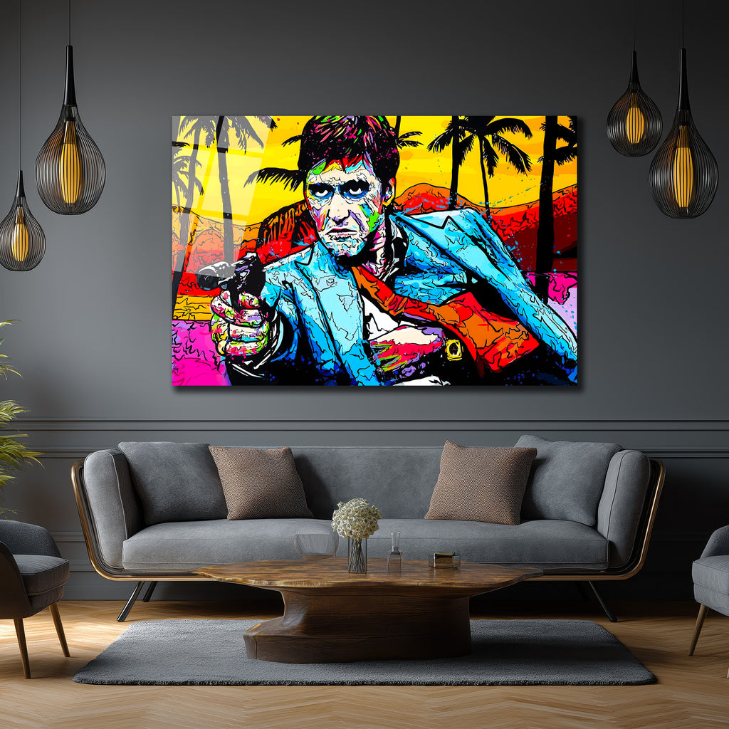 Tony Montana Pop Art Efsanesi Renkli Cam Tablo