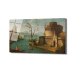 Nehir kenarında, silindir şeklinde, kırmızı tuğlalı bir kale ve etrafında insanlar, ağaçlar ile şehir manzarası içeren klasik tarzda bir resim.