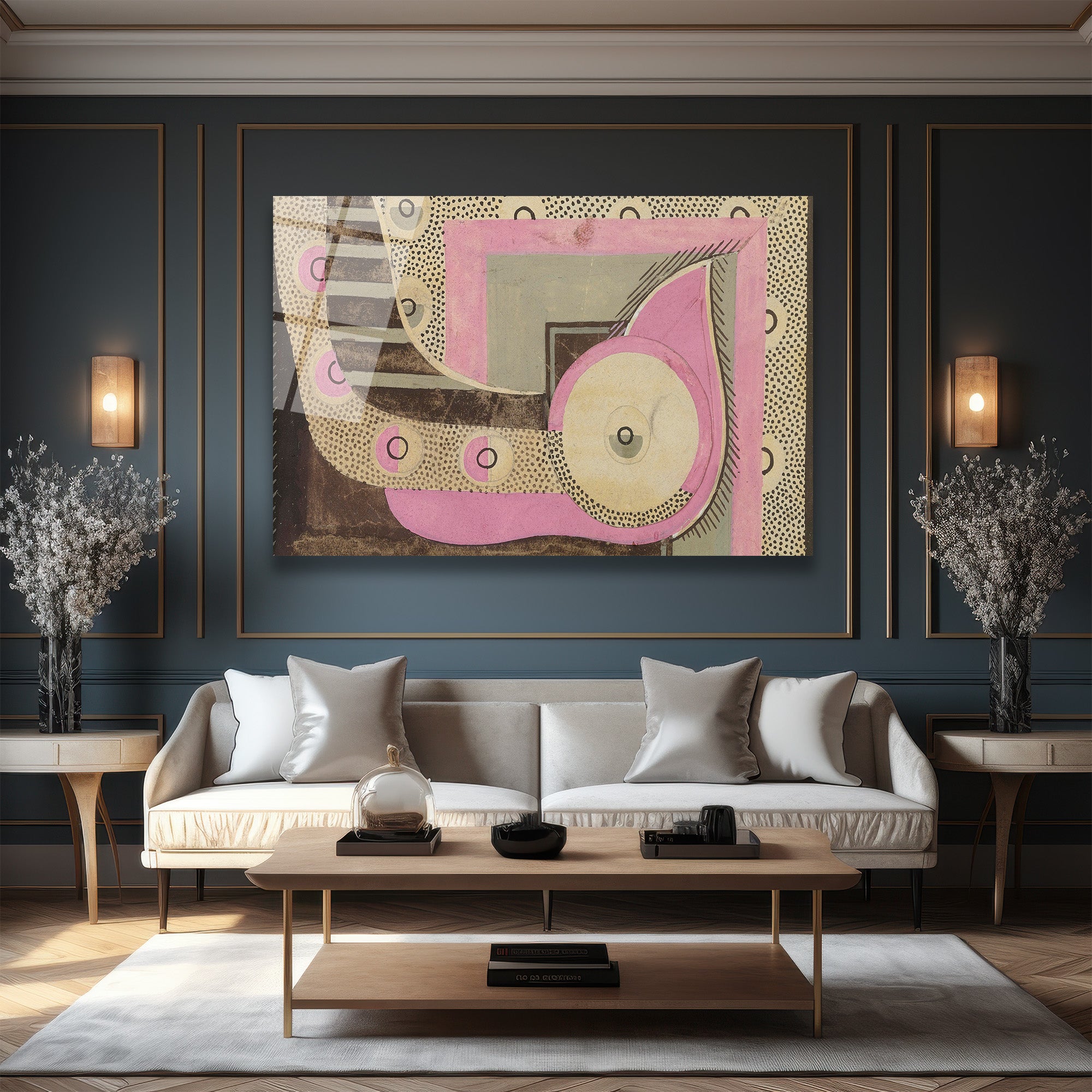 Modern Sanat Pembe ve Gri Geometrik Desenli Cam Tablo