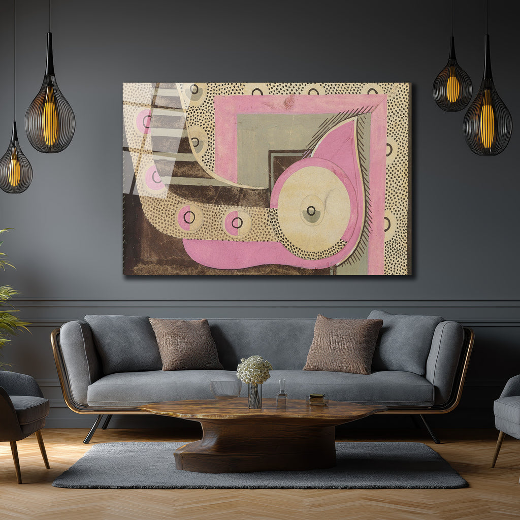 Modern Sanat Pembe ve Gri Geometrik Desenli Cam Tablo