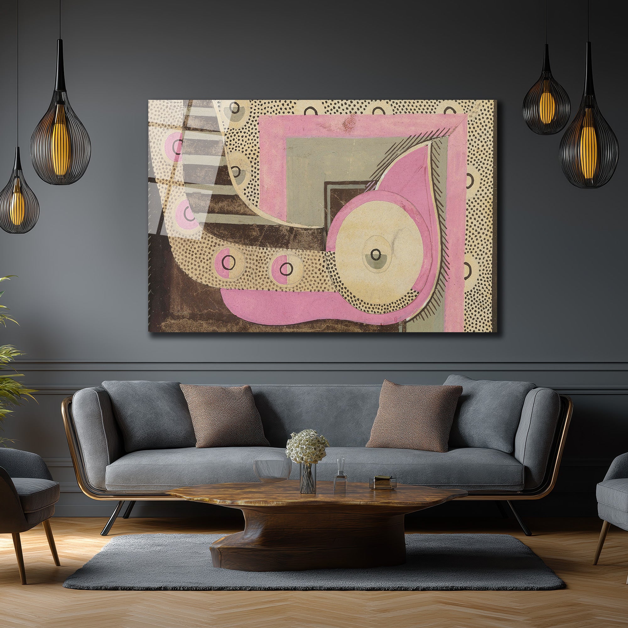 Modern Sanat Pembe ve Gri Geometrik Desenli Cam Tablo