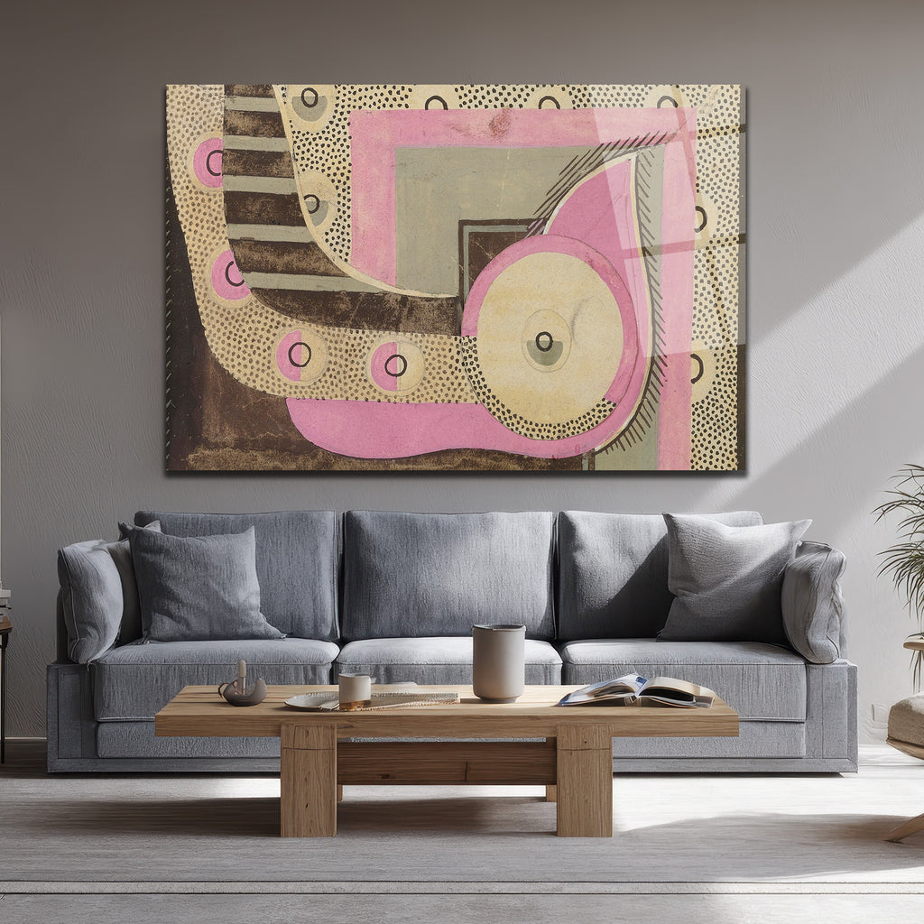 Modern Sanat Pembe ve Gri Geometrik Desenli Cam Tablo