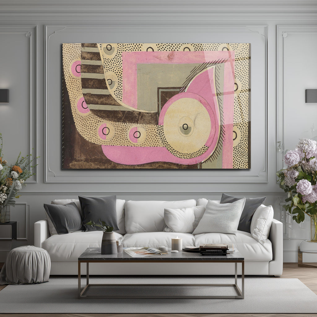 Modern Sanat Pembe ve Gri Geometrik Desenli Cam Tablo