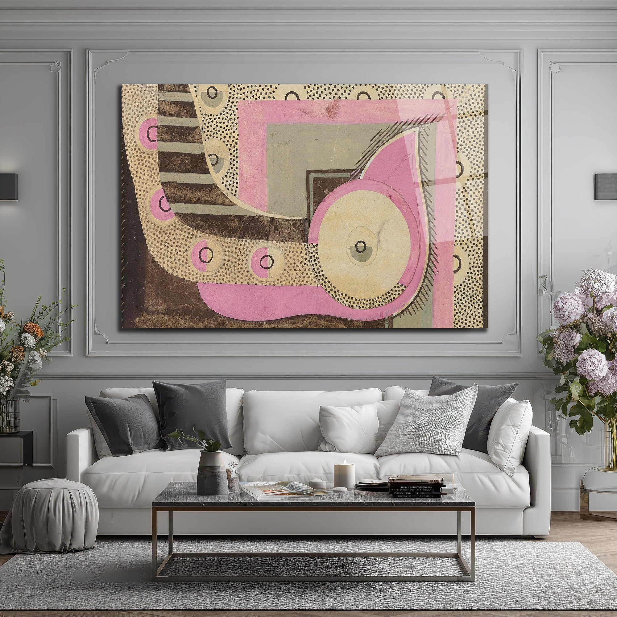 Modern Sanat Pembe ve Gri Geometrik Desenli Cam Tablo