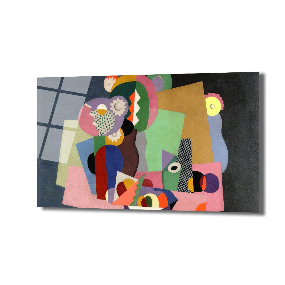Canlı ve pastel renklerde, geometrik şekillerle dolu modern soyut bir sanat eseri. Pembe, yeşil, mavi, sarı, mor ve kahverengi tonlarının hakim olduğu, karmaşık ve dinamik bir kompozisyona sahip cam tablo.