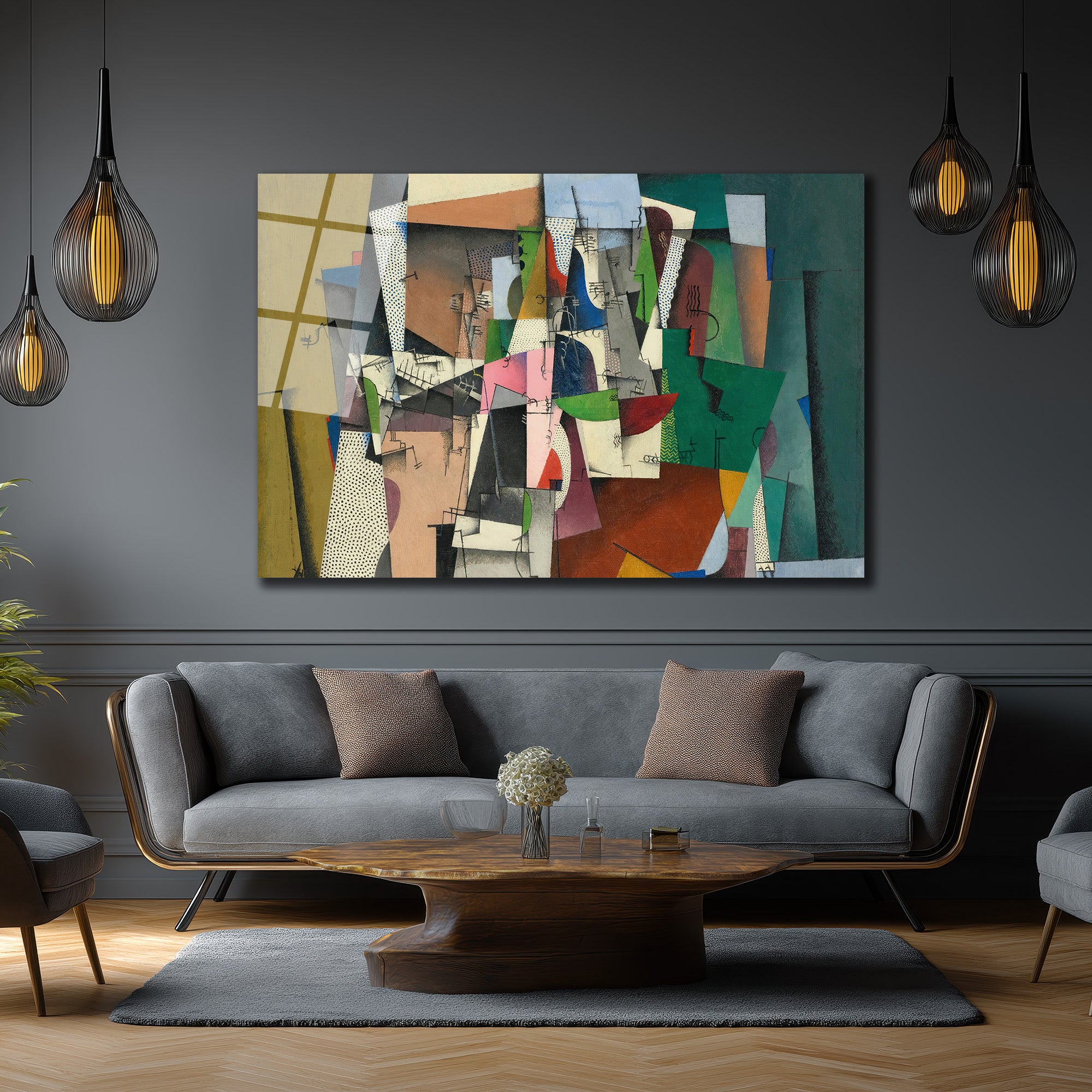 Modern Soyut Kübist Sanat Temalı Lüks Cam Tablo