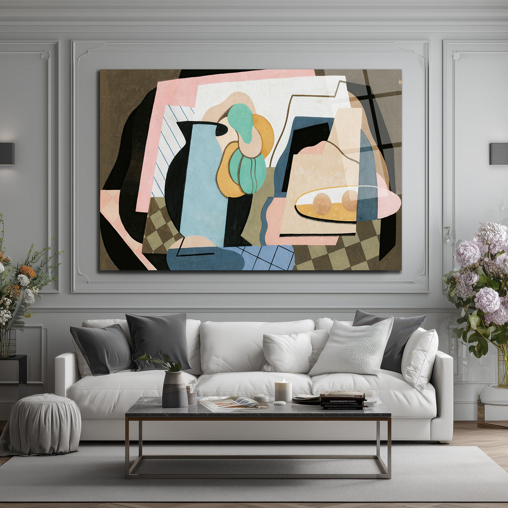 Soyut Pastel Natürmort Modern Cam Tablo