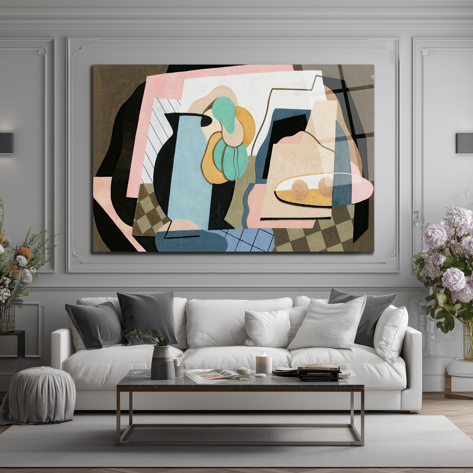 Soyut Pastel Natürmort Modern Cam Tablo