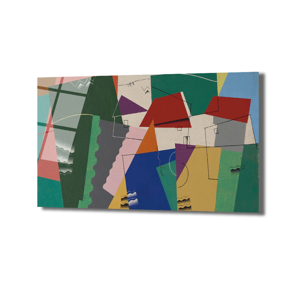 Canlı renklere sahip, soyut geometrik şekillerden oluşan modern bir manzara tablosu. Kırmızı, mavi, yeşil, sarı, pembe ve mor tonlarında üçgenler, dikdörtgenler ve dalgalı çizgiler içeren, şehir veya köy siluetini andıran dinamik bir kompozisyon.