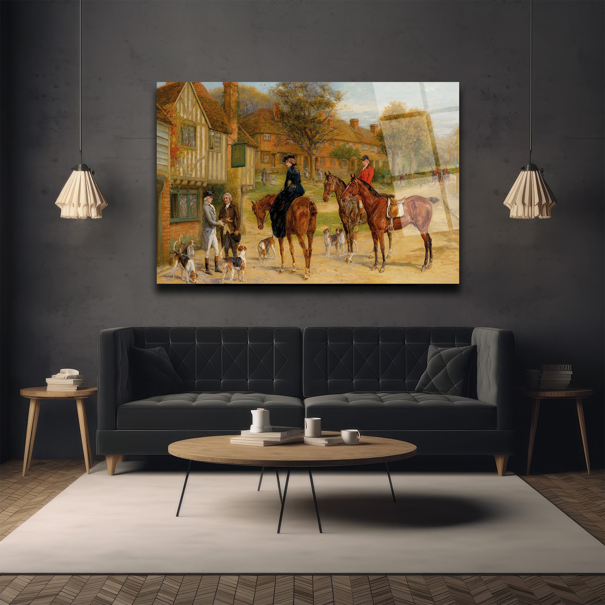 Klasik İngiliz Köyü Av Sahnesi Temalı Premium Cam Tablo