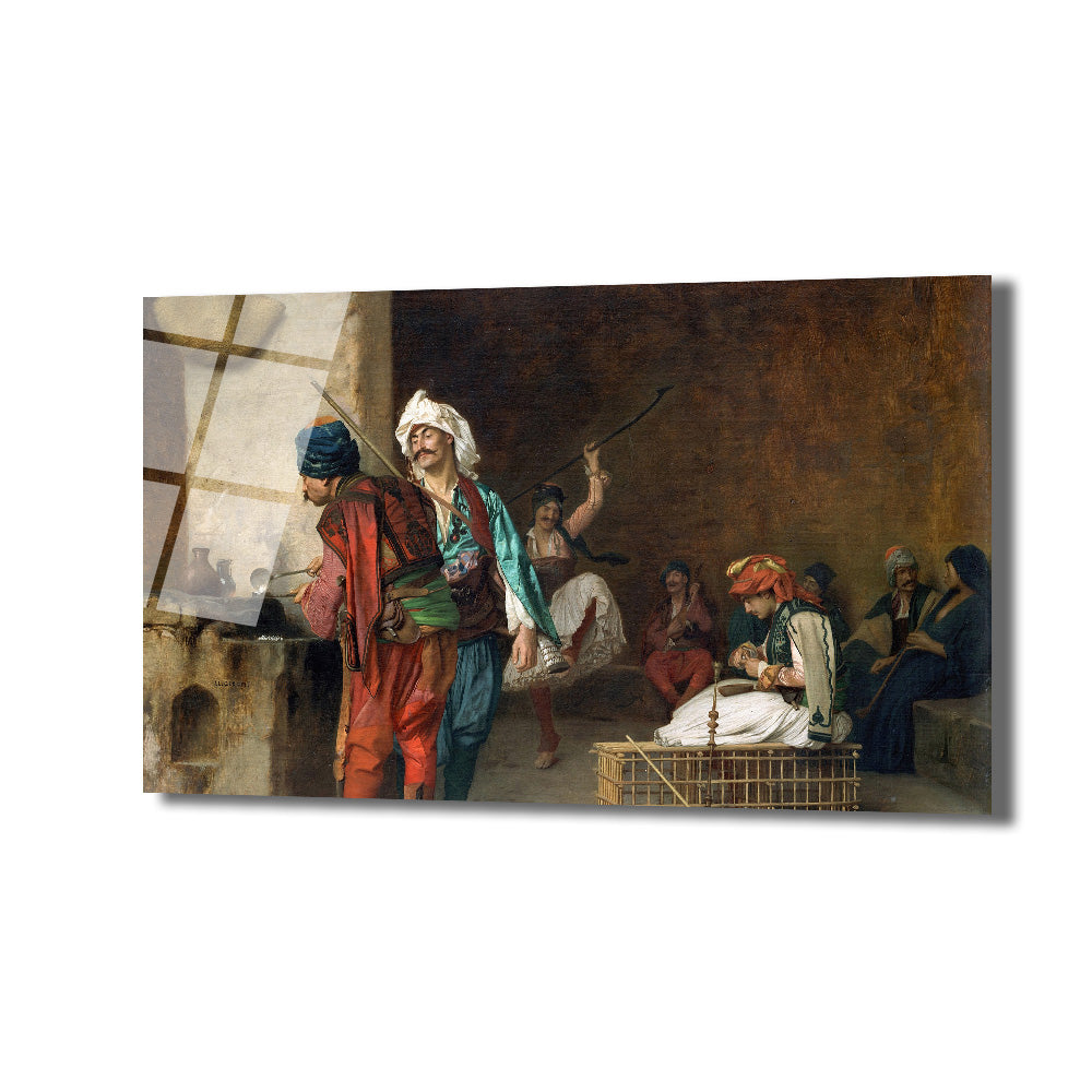 Osmanlı dönemine ait, geleneksel kıyafetler içinde dans eden ve müzik dinleyen figürlerin olduğu, canlı ve detaylı bir oryantalist tablo. Resimde bir dansçı, izleyiciler ve sol tarafta bir pencere görülüyor.