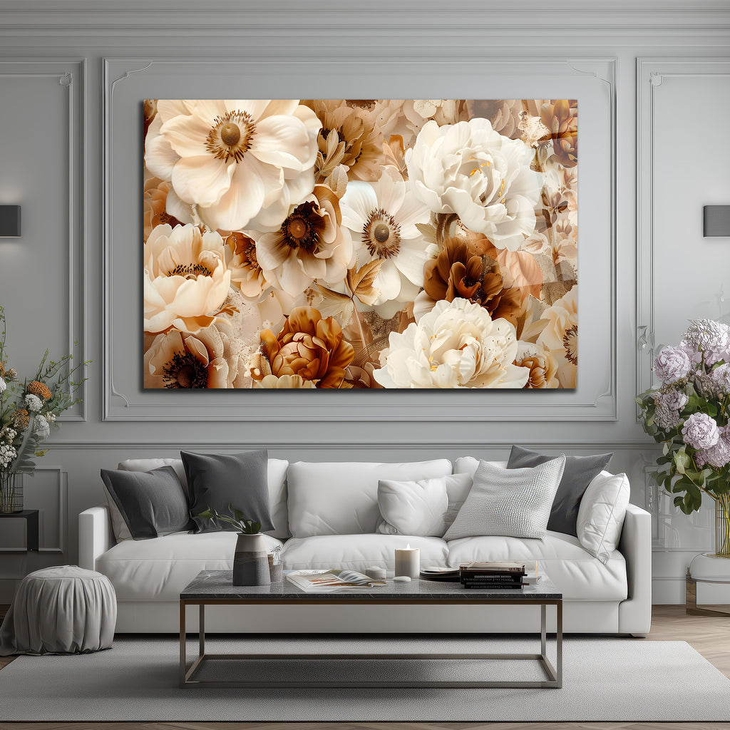 Kahve Tonlarında Zengin Çiçekler Cam Tablo | Glazella Özel Koleksiyon