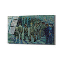 Vincent van Gogh'un 'Mahkumlar Dairesi' tablosunun cam üzerine basılmış hali. Gri ve yeşil tonlarında, bir avluda dairesel yürüyüş yapan mahkumları tasvir eden hüzünlü ve etkileyici bir sanat eseri.