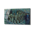 Vincent van Gogh'un 'Mahkumlar Dairesi' tablosunun cam üzerine basılmış hali. Gri ve yeşil tonlarında, bir avluda dairesel yürüyüş yapan mahkumları tasvir eden hüzünlü ve etkileyici bir sanat eseri.
