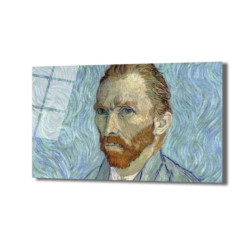 Vincent Van Gogh'un kendine özgü fırça darbeleriyle yapılmış, yoğun ve düşünceli bakışlara sahip sakallı otoportresi. Arka planda dalgalı, hipnotize edici mavi tonları ve Van Gogh'un turuncu-kızıl sakalı ile cam tablo üzerindeki bu eser, Post-Empresyonist tarzın gücünü sergiliyor.